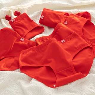 กางเกงชั้นใน ผ้าฝ้าย แบบบาง ลายกระต่าย สีแดง ปีใหม่ แบบเรียบง่าย สําหรับผู้หญิง
