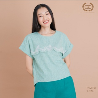 C&amp;D Cotton Blouse เสื้อเบลาส์ ผ้าคอตตอน สีเขียว ปักลายดอกไม้ฉลุ ซี แอนด์ ดี (CWITGR)