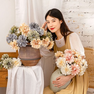 【AG】Artificial Flower Realistic Delicate Home Party Ornament Solid Color Fake Dahlias with Stem for Wedding Celebration