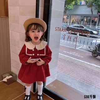 【ชุดเด็กผู้หญิง】ชุดเดรสกระโปรง ผ้าฟลีซ คอตุ๊กตาน่ารัก สไตล์เกาหลี ตะวันตก สีแดง สําหรับเด็กผู้หญิง 2023