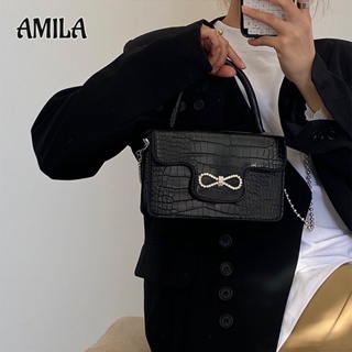 AMILA กระเป๋าโท้ทพิมพ์จระเข้หญิงหูกระต่ายสายโซ่ Messenger กระเป๋าสตรีสไตล์เรียบง่ายมีพนังกระเป๋าสี่เหลี่ยมใบเล็ก