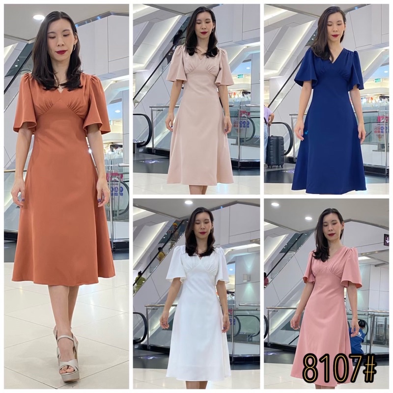 luxury707-fn8107-ชุดไปงานแต่ง-midi-dress-คอวี-แขนกระดิ่ง