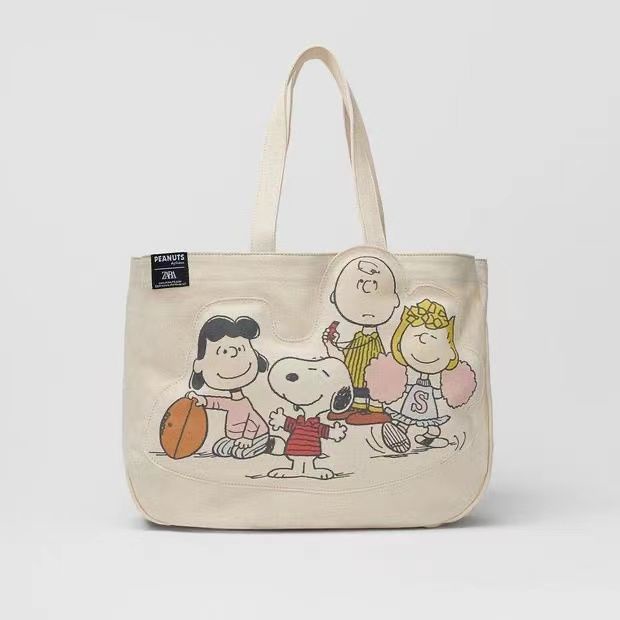 zara-กระเป๋าสะพายไหล่-กระเป๋าช้อปปิ้ง-ผ้าแคนวาส-พิมพ์ลาย-snoopy-สองด้าน-ความจุขนาดใหญ่-สําหรับผู้หญิง-2022