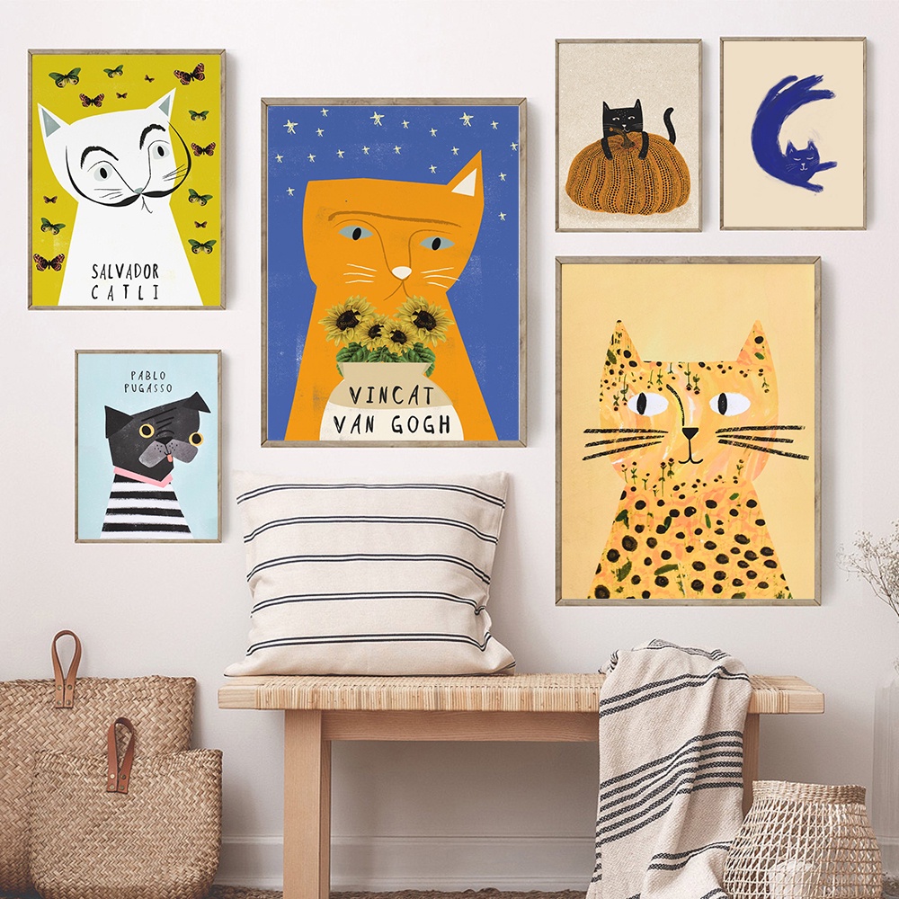 ภาพวาดผ้าใบ-รูปแมว-สุนัข-ดอกทานตะวัน-ฟักทอง-แมว-แนวตลก-แนวเรโทร-สําหรับตกแต่งบ้าน