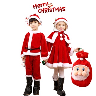 Kids Child Christmas Cosplay Santa Claus Costume Baby X-Mas Outfit 3/4 Piece Set Dress/Pants Tops Hat Cloak Belt For Boys Girls  Xmas Outfit