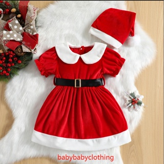 Babyclothes- ชุดเดรส ทรงเอ แขนสั้น คอตุ๊กตา พร้อมเข็มขัด และหมวก สีแดง สําหรับเด็กผู้หญิง เหมาะกับคริสต์มาส