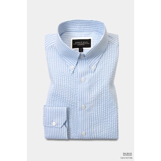 Seersuker Blue&amp;White Strip Button Down Collar Shirt-เสื้อเชิ้ตลายทางสีฟ้า