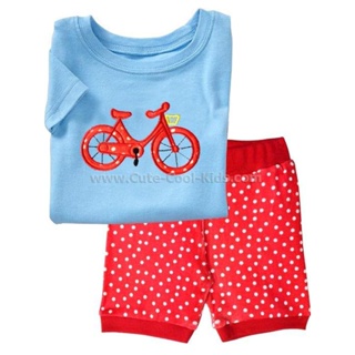 S-HUG-075 ชุดนอนเด็ก แนวเข้ารูป Slim Fit ผ้า Cotton 100% เนื้อบาง สีฟ้า+แดง ลายจักรยาน