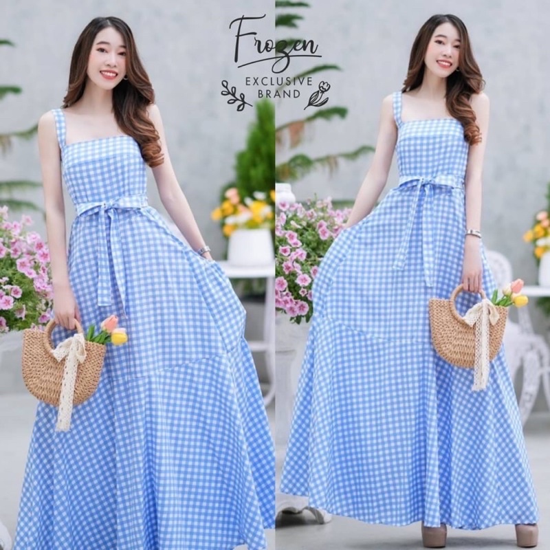 maxi-dress-แม็กซี่เดรสแขนกุดผ้าทอคอตตอนลายสก๊อตเอวสม็อคหลัง