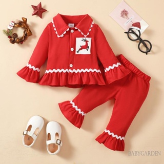 Babygarden ชุดเสื้อแขนยาว คอปก พิมพ์ลายซานต้า คริสต์มาส และกางเกงขายาว เอวยางยืด สําหรับเด็กผู้หญิง อายุ 3 เดือน - 4 ปี