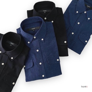 bank’s new Shirt cotton nep yarn dyed chambray with 2 flap pockets in black and navy blue เสื้อเชิ้ตแขนยาวสีดำและสีกรม