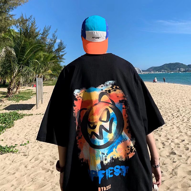 เสื้อยืดลําลอง-แขนสั้น-คอกลม-แบบสวม-พิมพ์ลายหน้ายิ้ม-ทรงหลวม-พลัสไซซ์-แฟชั่นฤดูร้อน-สําหรับผู้ชาย-2022