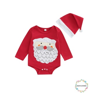 Babyclothes-ชุดรอมเปอร์แขนยาว คอกลม พิมพ์ลายซานตาคลอส + หมวก สําหรับเด็กทารก