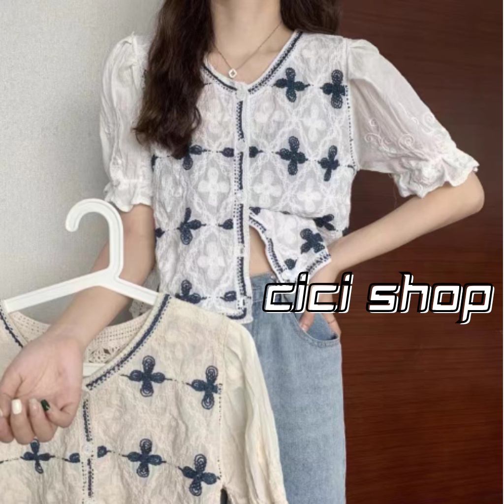 cicishop-a89-lacetop-เสื้อครอปแขนสั้นทอลายดอกไม้-ผ้าแต่งระบาย-แมตช์จับคู่ยีนส์ปังมากกก