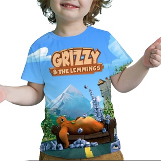 เสื้อยืด พิมพ์ลายการ์ตูนอนิเมะ Grizzy and the Lemmings 3 มิติ สําหรับเด็กวัยหัดเดิน