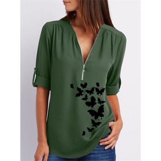 เสื้อลําลองสําหรับสตรี แขนยาว คอวี พิมพ์ลาย butterfly cat เหมาะกับงานปาร์ตี้