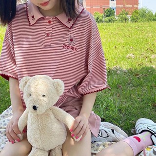 Ber เสื้อโปโลแขนสั้น ปักลายดอกเดซี่น่ารัก ขนาดใหญ่ สีชมพู แฟชั่นฤดูร้อน สําหรับผู้หญิง และนักเรียน