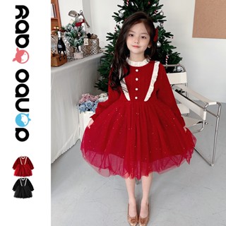 Danbobaby ชุดเดรสกระโปรง ประดับโบว์ สีแดง ไข่มุก สําหรับเด็ก Christmas