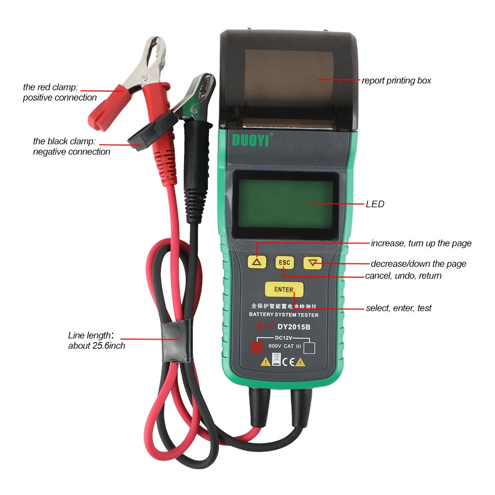 duoyi-dy2015b-เครื่องทดสอบแบตเตอรี่รถยนต์พร้อมเครื่องพิมพ์-12v-จอแสดงผล-led-การทดสอบแบตเตอรี่-การทดสอบข้อเหวี่ยง-การทดสอบโหลดและการทดสอบโหลดสูงสุด