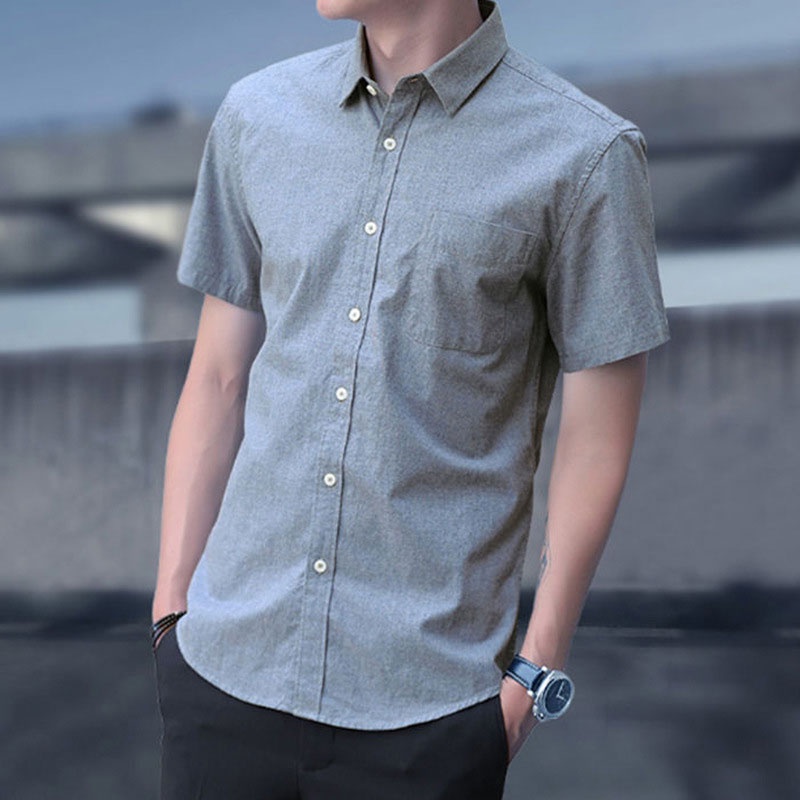 เสื้อเชิ้ตแขนสั้นลําลอง-คอปก-เข้ารูป-ระบายอากาศได้ดี-สีพื้น-แฟชั่นฤดูร้อน-สไตล์เกาหลี-สําหรับผู้ชาย