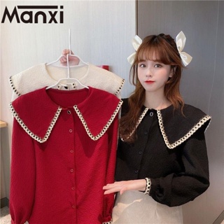 Manxi เสื้อเชิ้ตแขนยาว เสื้อเกาหลี ผู้หญิง สีแดง 2022 ใหม่ DT220536