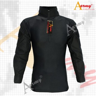 เสื้อคอมเเบตเชิ้ต / Combat Shirt / เสื้อ Spandex ลำตัวดำ แขนผ้าสิงค์ดำ รุ่น11 ผ้า 909