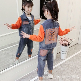 100-150cm] เสื้อผ้าของผู้หญิง ชุดแฟชั่นรุ่นเกาหลี 2022 ชุดคาวบอยใหม่กางเกงยีนส์ 2 ชิ้น แขนยาวผ้าฝ้ายเสื้อ สีเขียวสีส้มสว