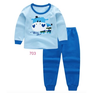 L-PJB-703-BM สีฟ้าลายวัว - ชุดนอนเด็กแนวเกาหลี ผ้า Cotton 🚒 พร้อมส่ง ด่วนๆ จาก กทม 🚒