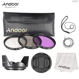 Andoer ชุดฟิลเตอร์ 52 มม. (UV + CPL + FLD) + กระเป๋าไนล่อน + ฝาปิดเลนส์ + ที่ใส่ฝาปิดเลนส์ + ฮู้ดเลนส์ + ผ้าทําความสะอาดเลนส์