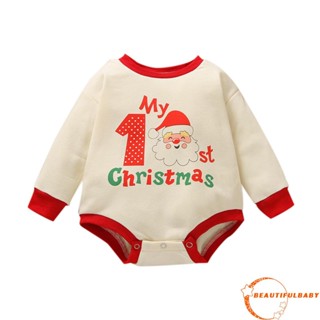 Beauty-baby Girls Christmas Casual Romper แขนยาวคอกลมตัวอักษรและเพลย์สูทพิมพ์ลายซานตาคลอส