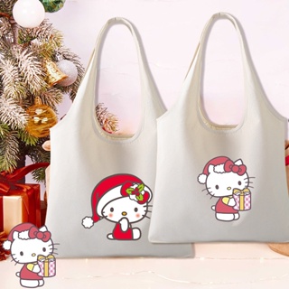สินค้า กระเป๋าถือ ผ้าแคนวาส ขนาดใหญ่ จุของได้เยอะ พิมพ์ลายการ์ตูน Hello Kitty เหมาะกับของขวัญคริสต์มาส สไตล์เกาหลี สําหรับผู้หญิง