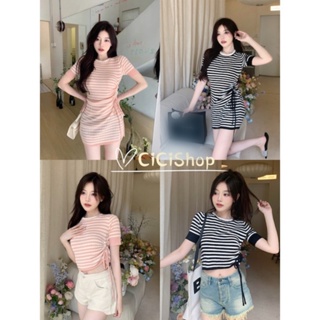 Cicishop(2101-1/2101)มินิเดรส/เสื้อไหมพรมคอกลมแขนสั้น ลายทางกิมมิคผูกโบว์เล็กสวยน่ารักเข้ารูปมากกก