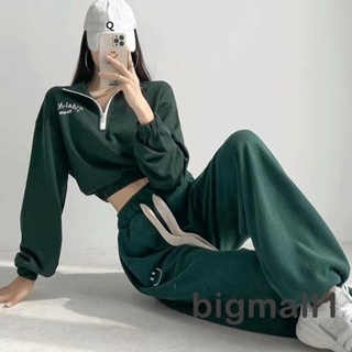 Bigmall- เสื้อครอปท็อปแขนยาว คอปก มีซิป และกางเกงขายาว ขากว้าง แบบผูกเชือก สําหรับผู้หญิง 2 ชิ้น