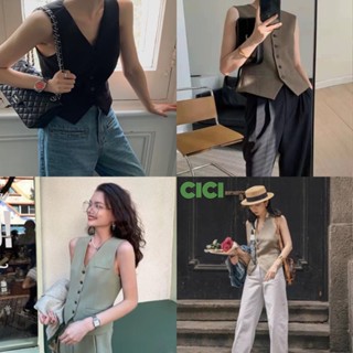 Cici(NO.2247)TankTop🪄 เสื้อเบลเซอร์แขนกุดคอวี ดีเทลกระดุมผ่ากลางสไตล์วินเทจเกาหลี