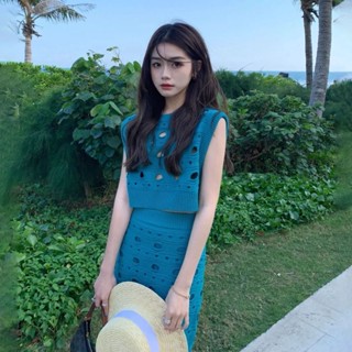 เสื้อกั๊กกระโปรง ผ้าถักนิตติ้ง แต่งรูกลวง สไตล์ฝรั่งเศส แฟชั่นเรโทร แฟชั่นฤดูใบไม้ผลิ สําหรับผู้หญิง 2022