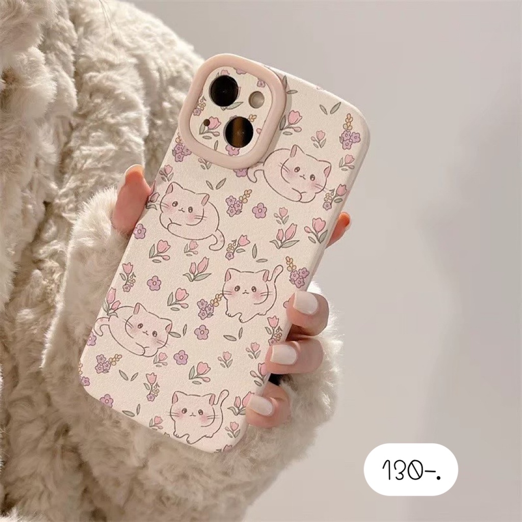 เคสโทรศัพท์-เคสลายการ์ตูน-เคสหนังลายแมวในสวนดอกไม้สีชมพู