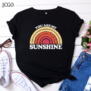 เสื้อเด็กหญิง เสื้อยืดฤดูร้อน JCGO ผู้หญิงผ้าฝ้ายอเนกประสงค์ 5XL You My Sun Rainbow พิมพ์เสื้อยืด O-neck แขนสั้นลําลองเล