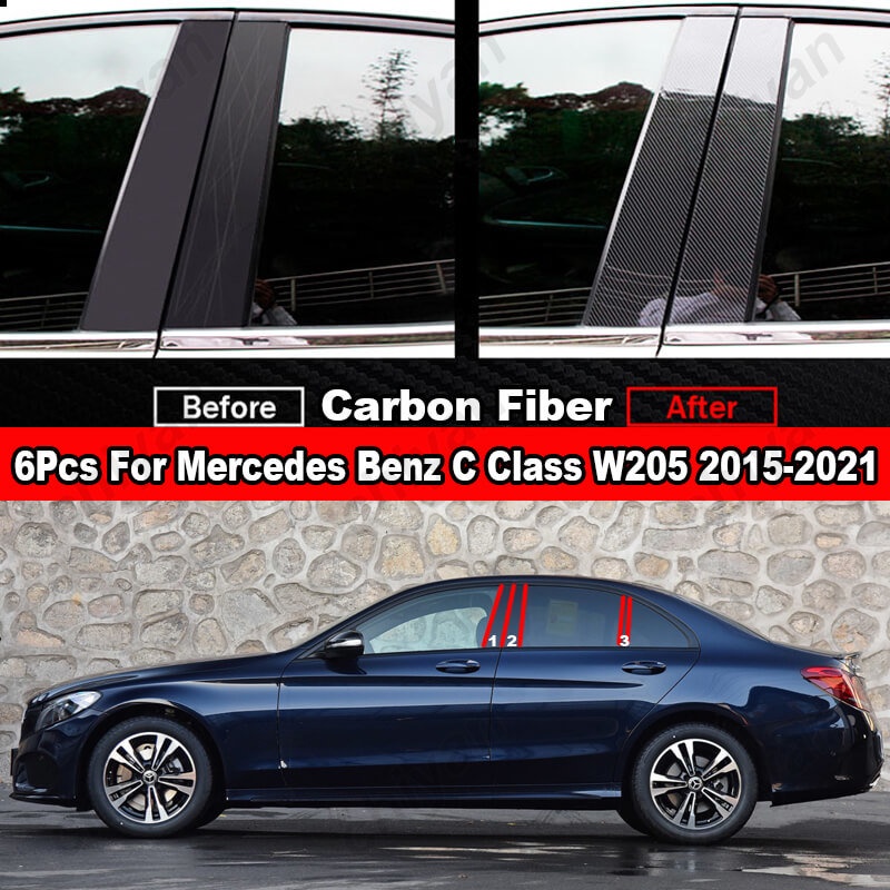 ฝาครอบเสาประตูหน้าต่างรถยนต์-คาร์บอนไฟเบอร์-สีดํามันวาว-สําหรับ-mercedes-benz-c-class-sedan-w205-c160-c180-c200-c250-c300-c180d-c200d-c220d-c250d-2015-2021-6-ชิ้น