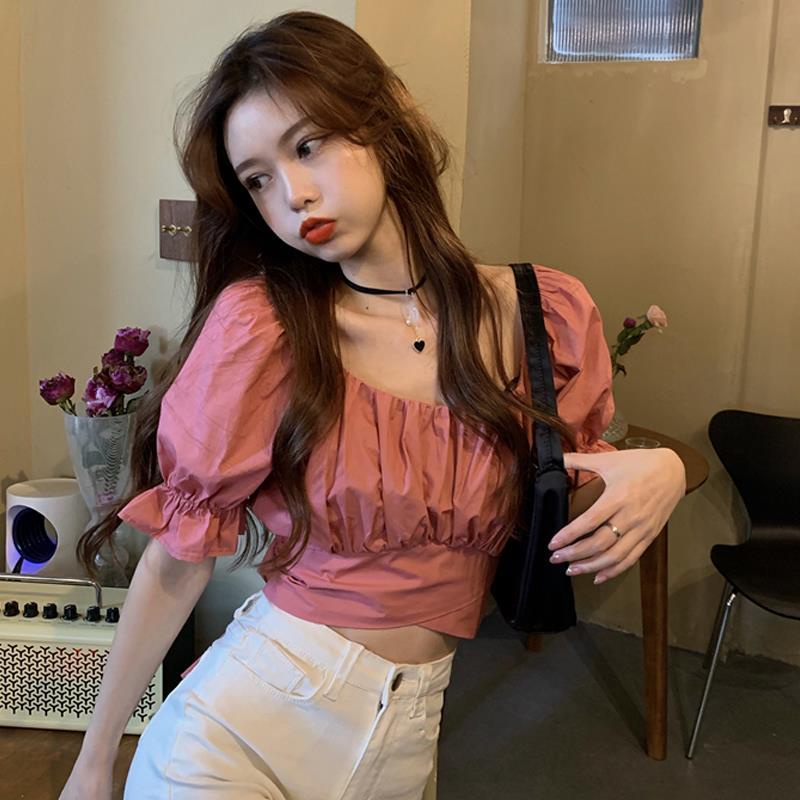 เสื้อแขนพองผูกโบว์สั้นสไตล์ต่างประเทศเสื้อเชิ้ตผู้หญิง