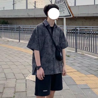 เสื้อเชิ้ตแขนสั้นลําลอง แบบบาง ทรงหลวม สีมัดย้อม สไตล์เกาหลี และญี่ปุ่น สําหรับผู้ชาย