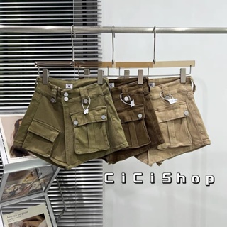 Cicishop(820)กางเกงยีนส์เอวสูง ทรงคาร์โก้ แต่งกระเป๋า มีกระดุม2เม็ดทรงดีย์ ใส่คู่กับอะไรก็คือปังหมด