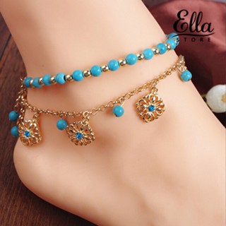 Ellastore123 สร้อยข้อเท้าโซ่สองชั้น ประดับพลอยเทียม ลายดอกไม้ สีเขียวขุ่น สไตล์โบโฮ