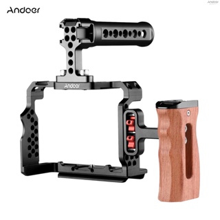 Andoer Aluminum Alloy Camera Cage Kit with Video Rig Top Handle Wooden Grip Replacement for  A7R III/ A7 II/ A7III