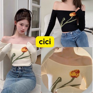 Cici(NO.98116)เสื้อไหมพรมแขนยาว คอเหลี่ยมลายดอกทิวลิป น่ารักกกสไตล์เกาหลี