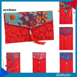 Areluno พู่ สไตล์จีน ผ้าดอกไม้ สีแดง ซองจดหมาย กระเป๋าเงินปีใหม่