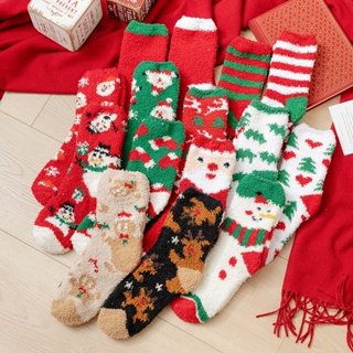 ถุงเท้า ผ้าฟลีซ แบบหนา ให้ความอบอุ่น ลายคริสต์มาส และสโนว์แมน แฟชั่นฤดูหนาว สําหรับผู้หญิง 2022