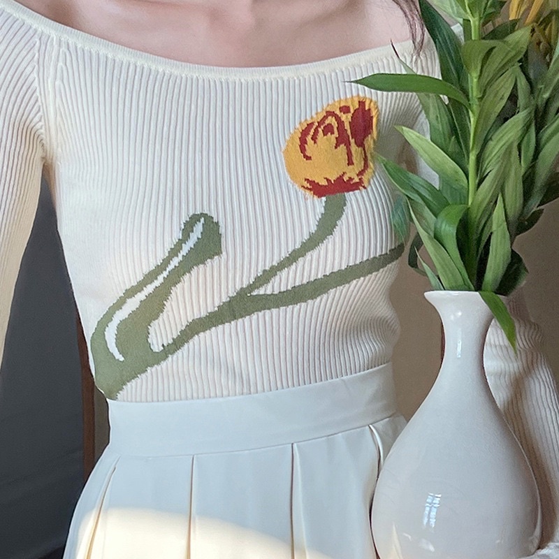 tiwlib-top-เสื้อไหมพรหมแขนยาว-ปาดไหล่ดอกทิวลิป-พร้อมส่ง