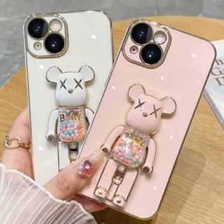 เคสโทรศัพท์มือถือ ป้องกันเลนส์ ลายหมี สีรุ้ง มันวาว พร้อมขาตั้ง สําหรับ Samsung A02 A02s M02s A71 A51 A31 A21s A11 A01