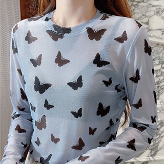 เสื้อยืดลําลอง แขนยาว คอกลม พิมพ์ลายผีเสื้อ สีขาว แฟชั่นฤดูร้อน สําหรับสตรี