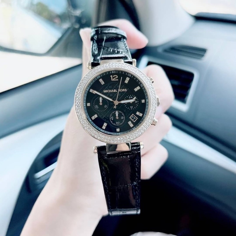 ผ่อน0-นาฬิกา-michael-kors-parker-chronograph-black-leather-watch-mk6984-หน้สปัดล้อมคริสตัล-39-mm-สายหนังสีดำ